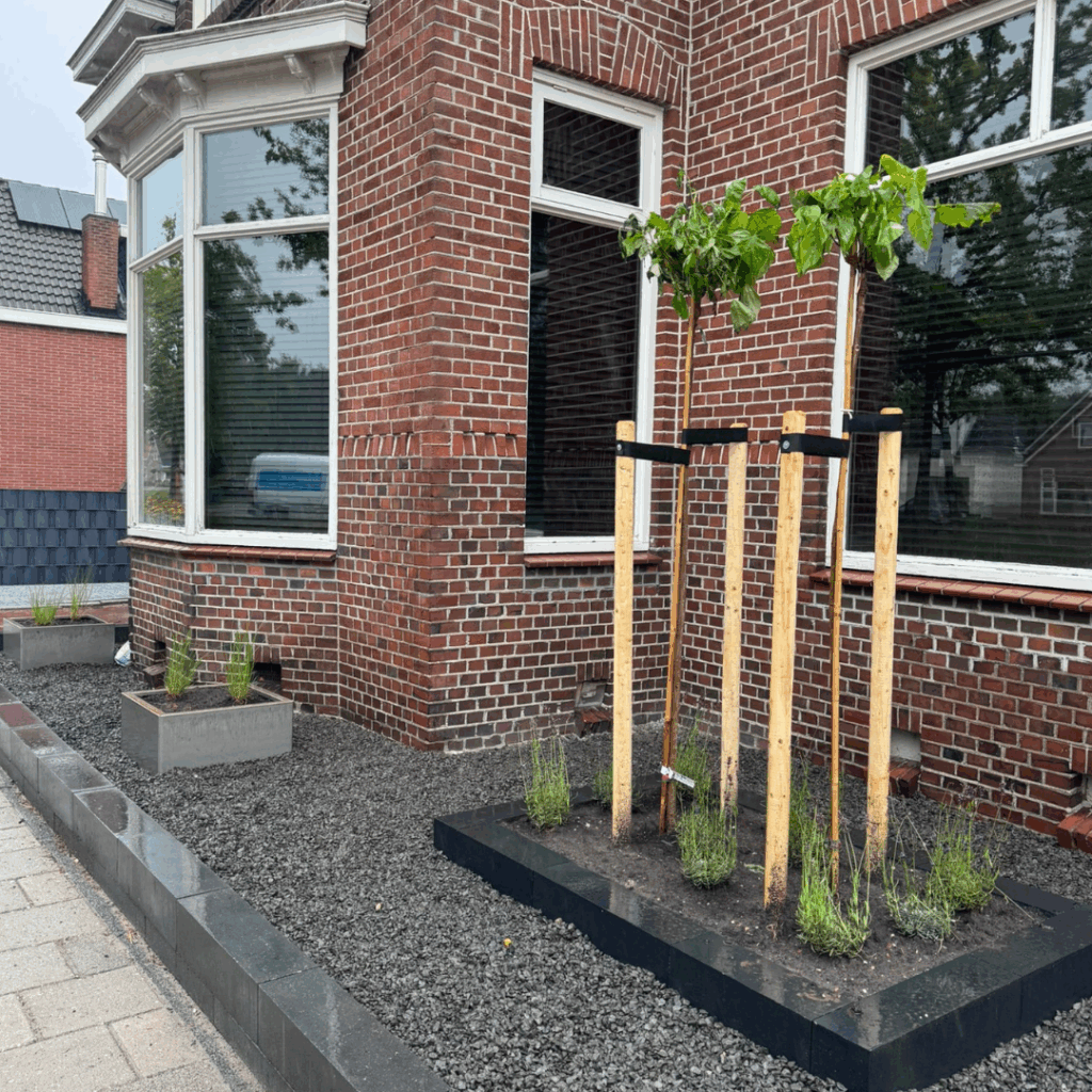 Tuinaanleg: Voortuin Stadskanaal voorzien van bloembakken + bomen en planten.
